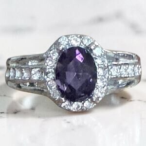 Silver plated Purple and Clear Crystal Ring Size 8.5